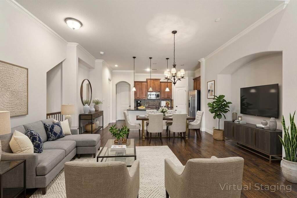 Virtually staged kitchen, dining & living space so you can see what is possible.