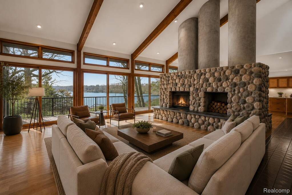 Living area featuring a water view, a fireplace, wood finished floors, recessed lighting, and lofted ceiling