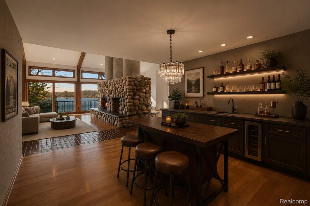Indoor wet bar with open shelves, dark wood-style flooring, a stone fireplace, wine cooler, and dark wood finish cabinetry