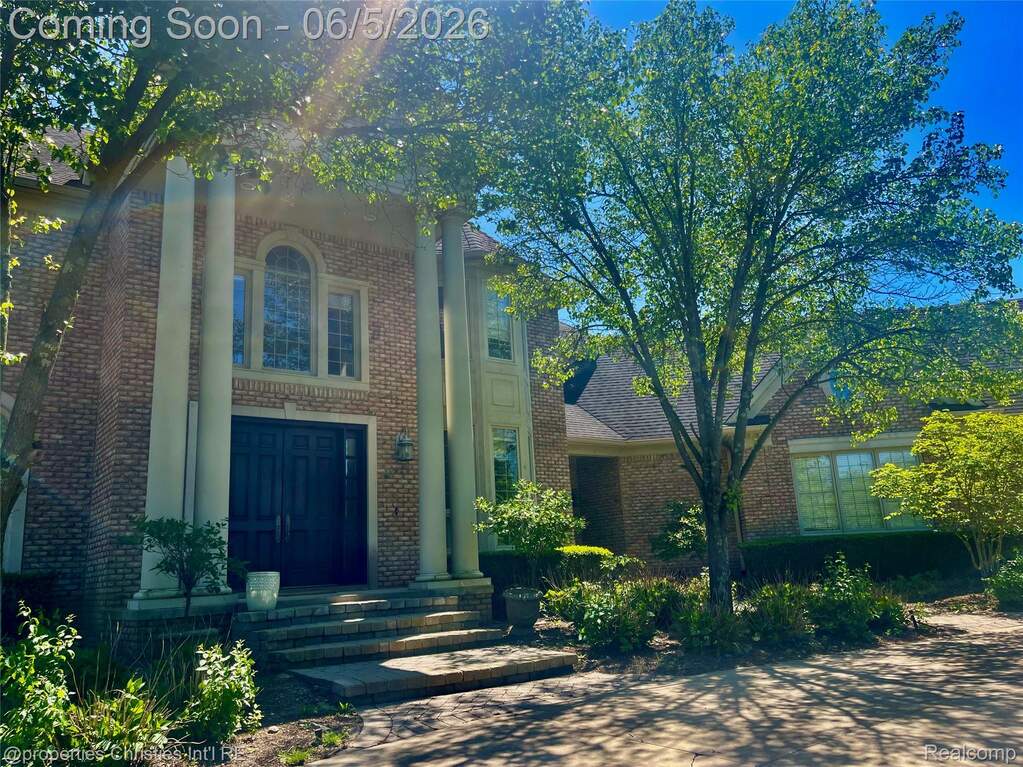 Brick facade residence featuring a double-door entry with sidelights, a columned portico, and an arched window above the entrance