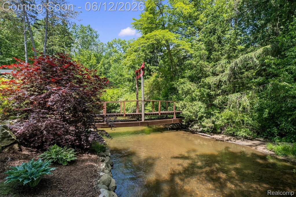Wood-finish footbridge spanning a natural stream surrounded by lush, mature trees and varied foliage