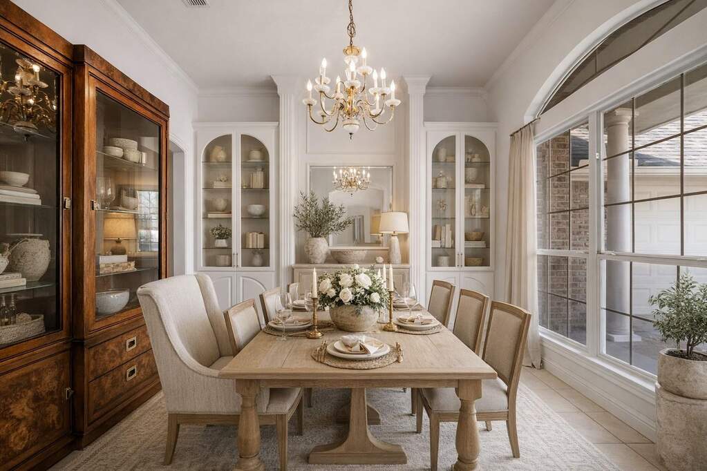 *Virtually staged* dining room with built-ins and a chandelier