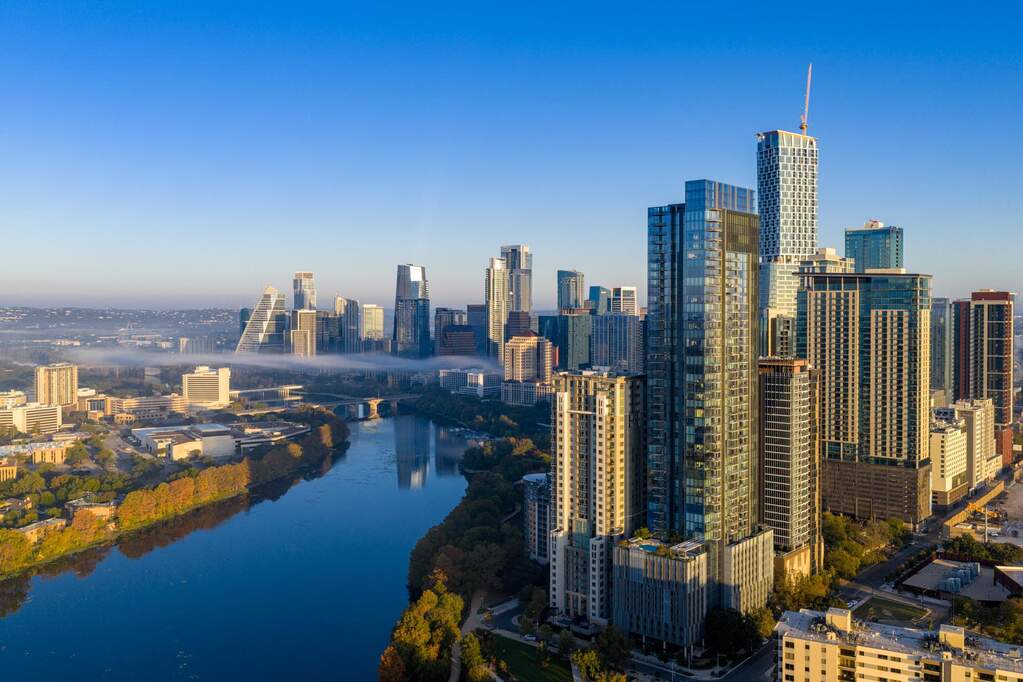 Skyline view with a large body of water