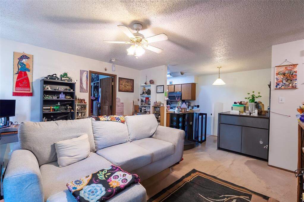 Living room featuring a textured ceiling, a ceiling fan, and light carpet