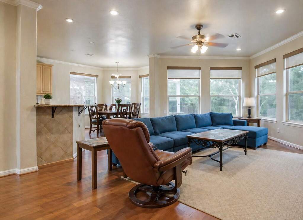 Living space featuring abundant natural light from multiple windows, wood-finish flooring, recessed lighting, and a ceiling fan.