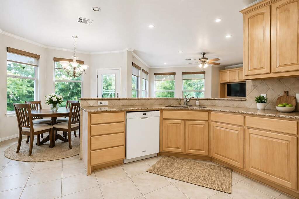 Kitchen featuring light wood cabinetry, white dishwasher, and stone-look countertops. This photo has been virtually staged.