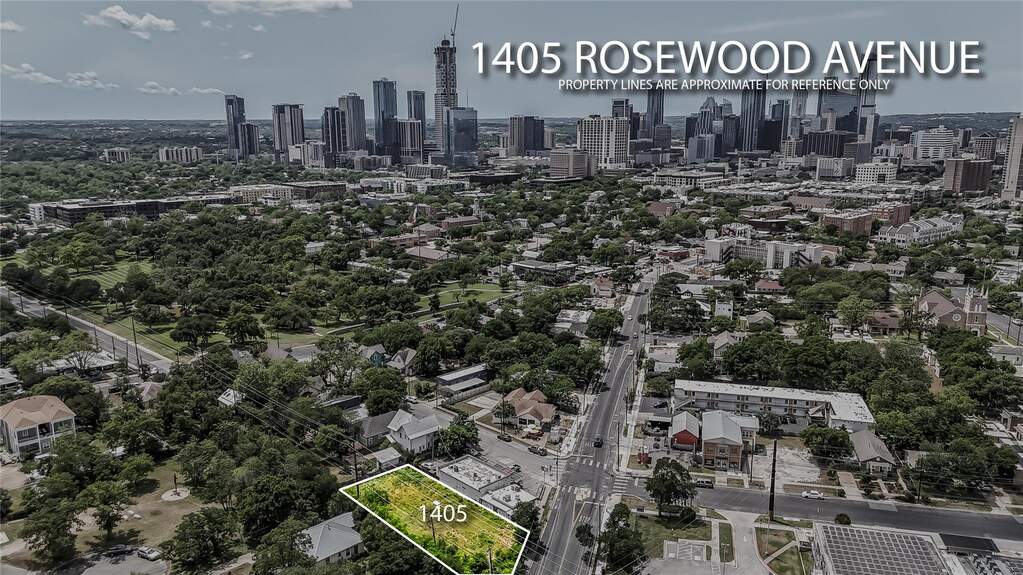 View of property location with city skyline and property boundaries highlighted