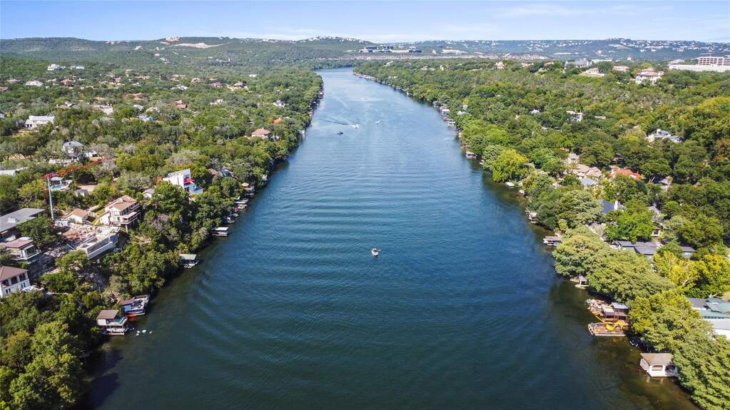 Aerial view of a nearby body of water