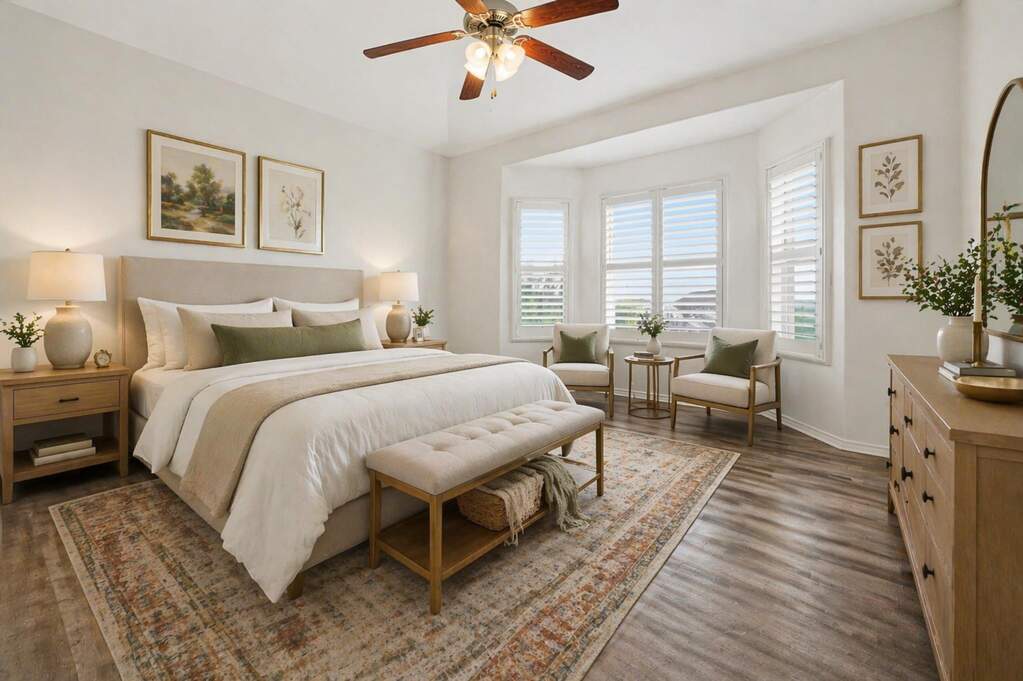 Spacious room featuring wood-finish flooring, a ceiling fan with integrated lighting, and multiple windows with plantation shutters
