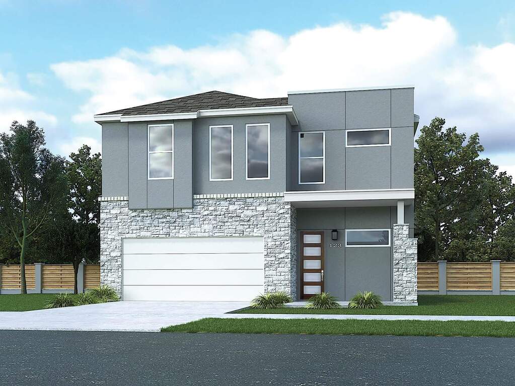Modern two-story residence featuring a stone and stucco exterior