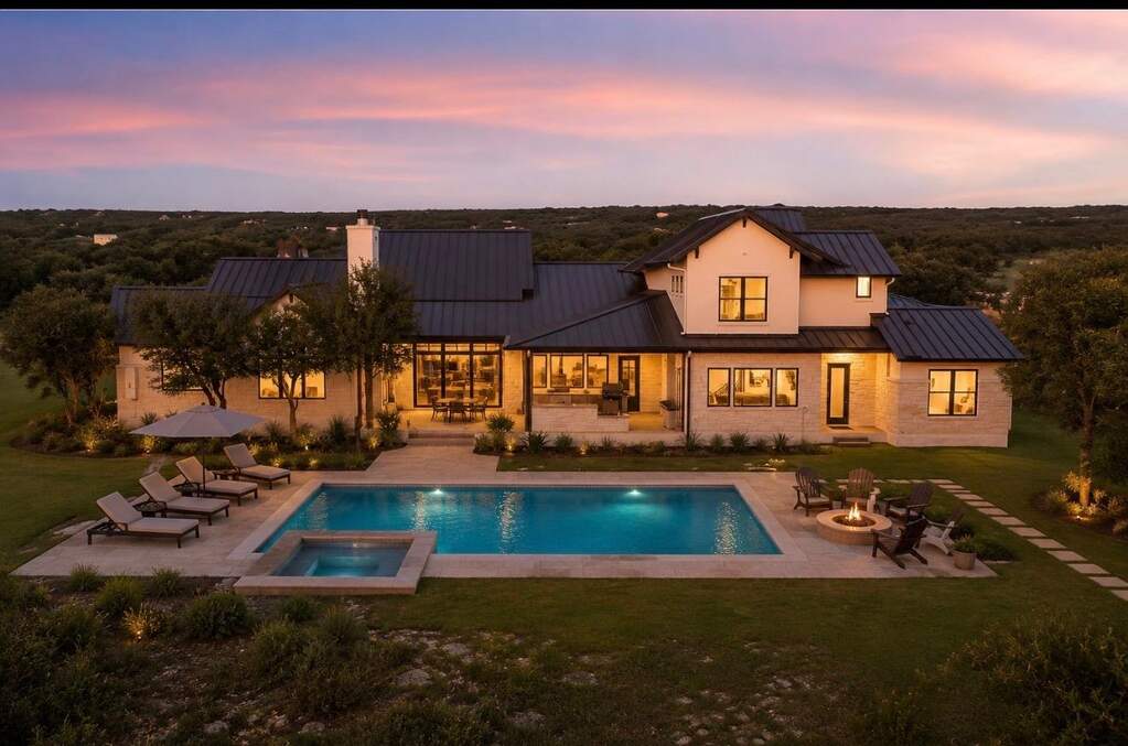 Imagine your own private Hill Country oasis—this virtual rendering illustrates how seamlessly a custom pool, fire pit lounge, and expanded patio can be added to transform the 3.16-acre ground