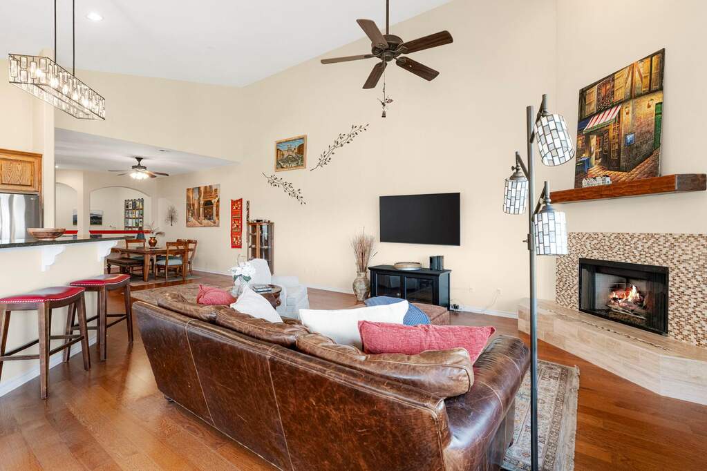 Enjoy a spacious living room open to the kitchen and dining area