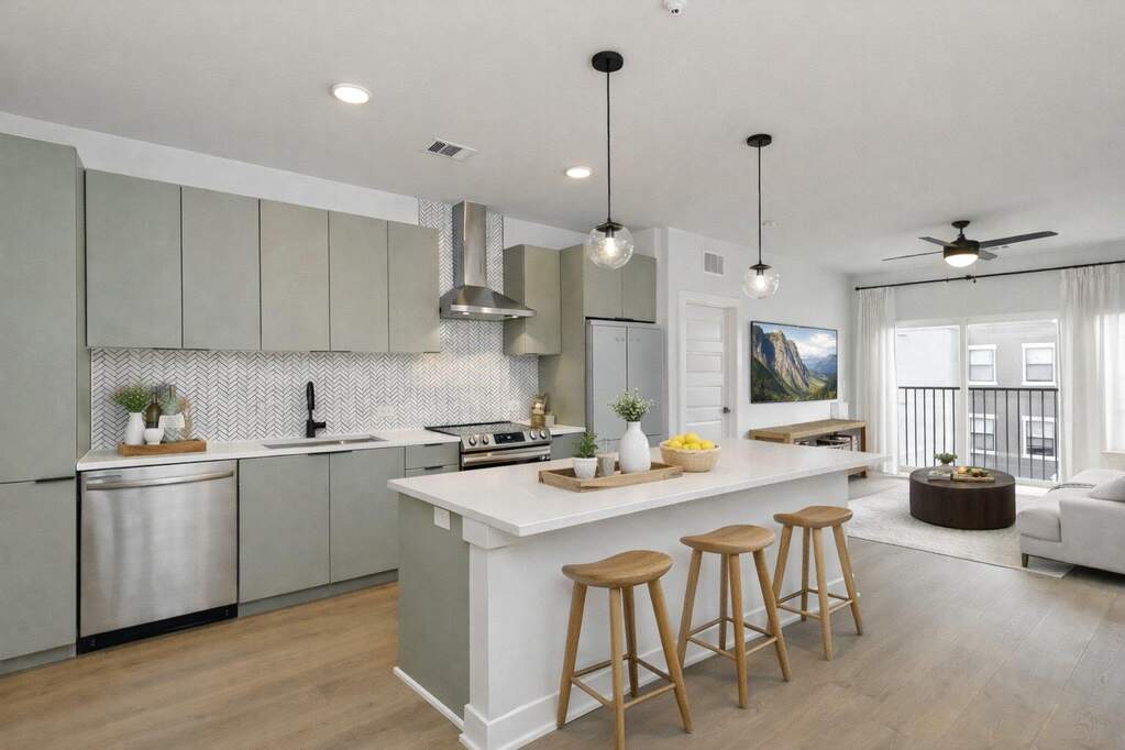 Kitchen with appliances with stainless steel finishes, wall chimney exhaust hood, gray cabinetry, a sink, and recessed lighting