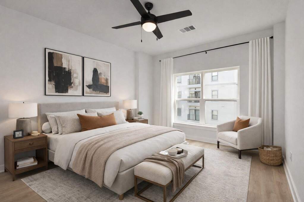 The primary bedroom featuring light wood finished floors, ceiling fan, baseboards, and a smoke detector